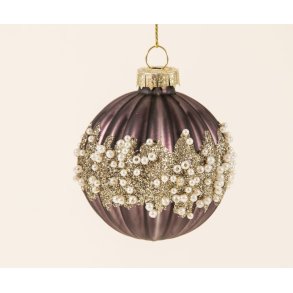 Julekugle til ophng - lilla m. riller og perler str. D6 cm